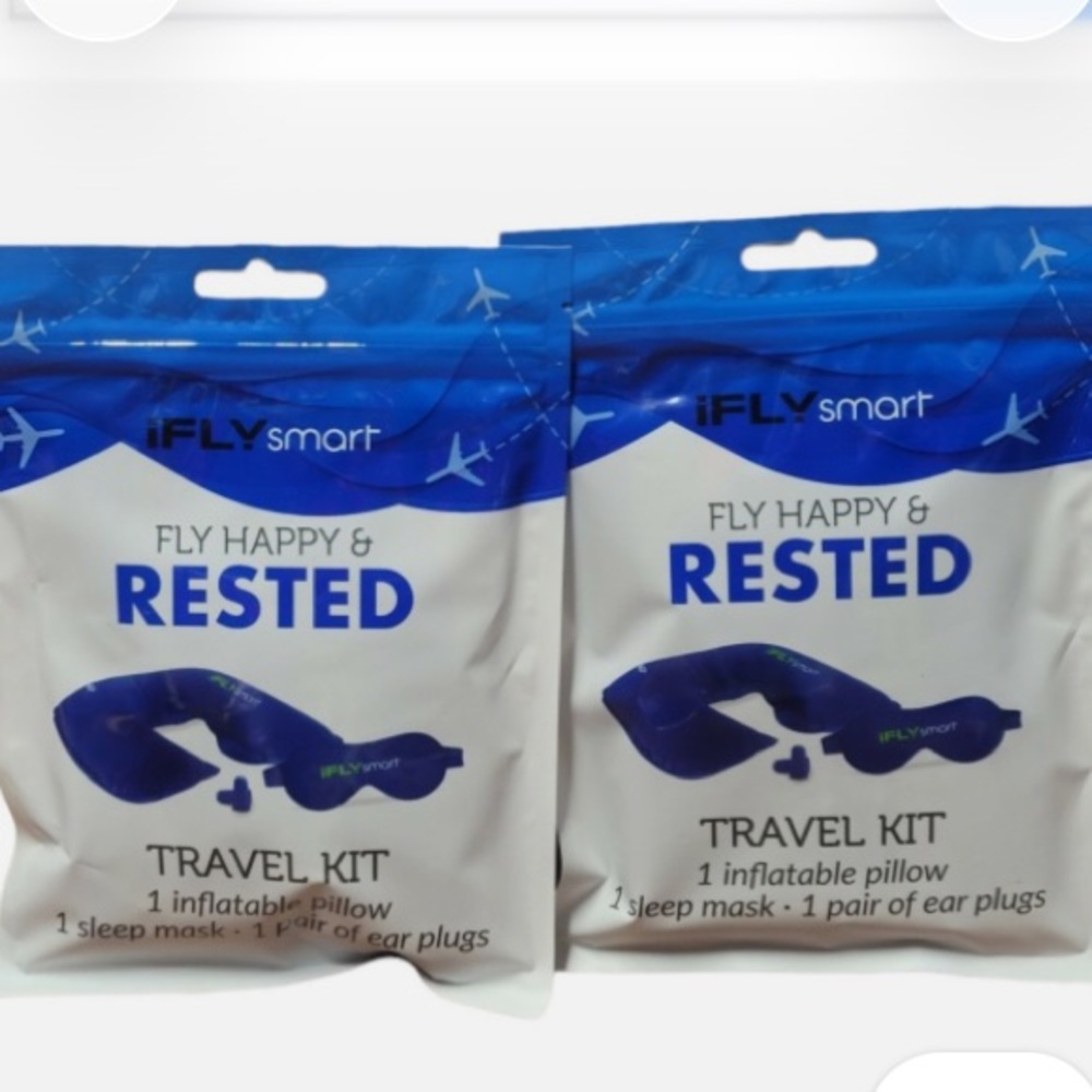 TRAVELING?? 2-New IFLY Smart Travel
Kit Inflatable Pillow Eye Mask & Ear Plugs